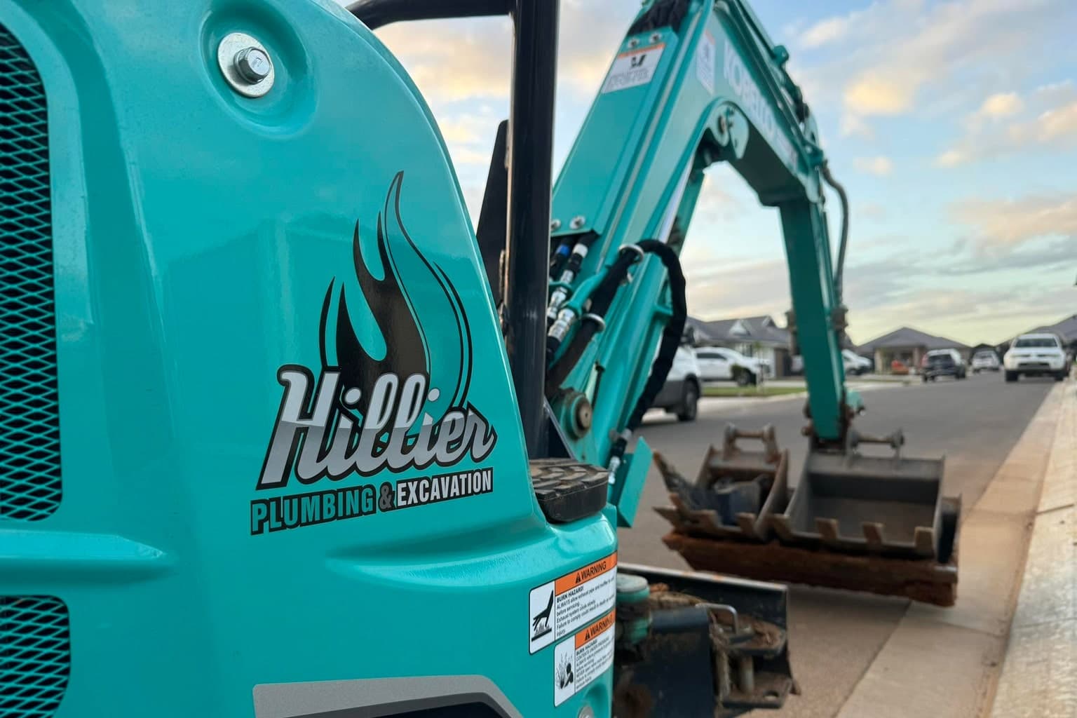 Hillier branded compact excavator ready for residential work